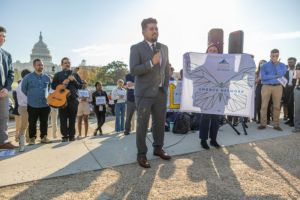 Jonathan Mora, a student at Boston College and member of ISN's Undocu Network speaks in front of the U.S. Capitol on October 30, 2023.